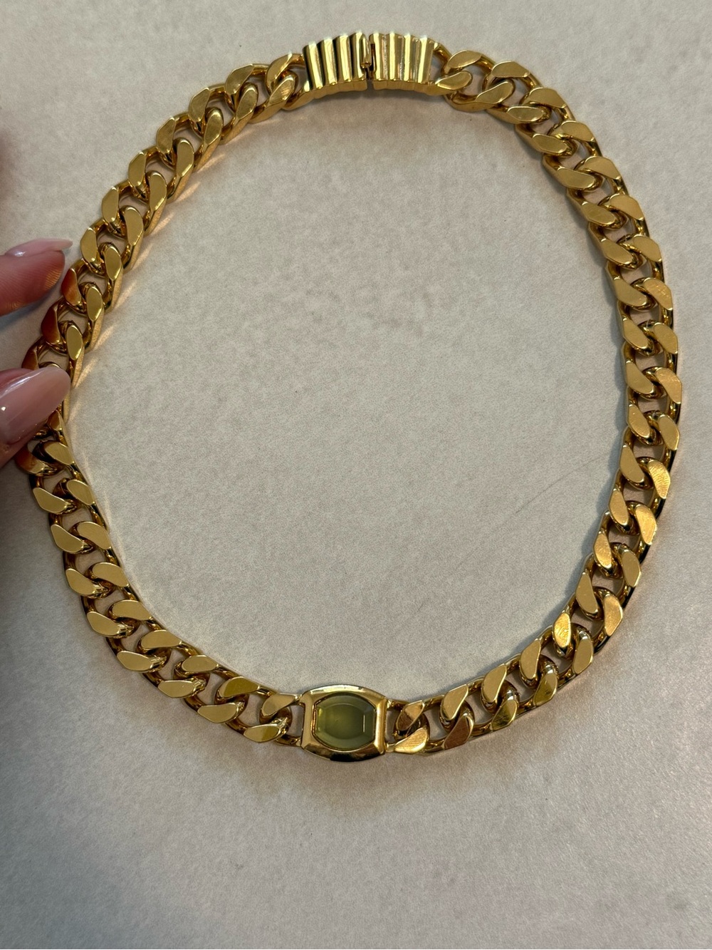 D’Orlan Vintage Gold Curb Chain Necklace with Green Centerstone